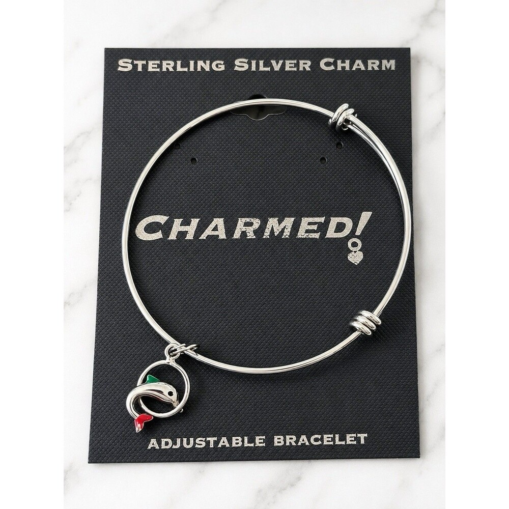 Dolphin Charm Bangle Bracelet Sterling Silver Charm Stainless Steel Adjustable